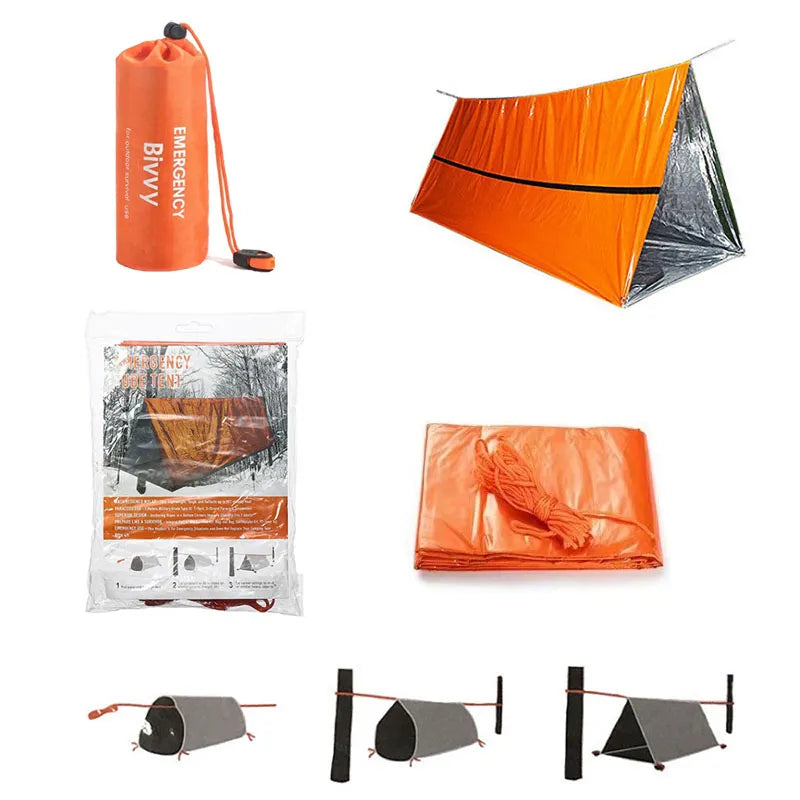 Pathfinder™ 2-Person Emergency Shelter Kit: Mylar Tent, Sleeping Bag, SOS Blanket – Waterproof & Reusable