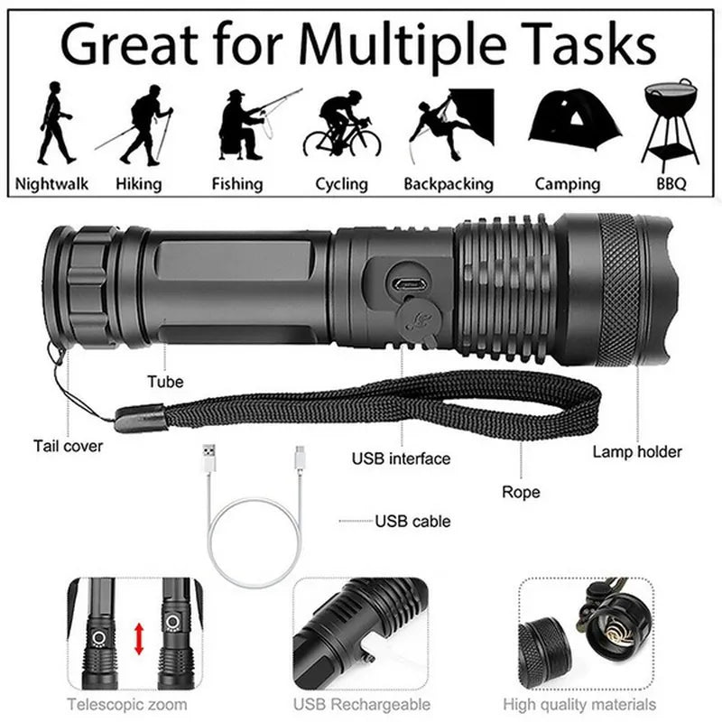 Pathfinder™ XHP100 Rechargeable Led Flashlight: High Power, Zoomable, USB Charging for Outdoor & Emergency Use