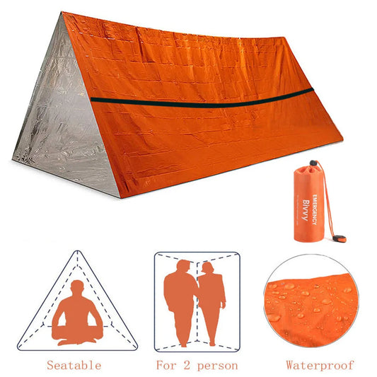 Pathfinder™ 2-Person Emergency Shelter Kit: Mylar Tent, Sleeping Bag, SOS Blanket – Waterproof & Reusable