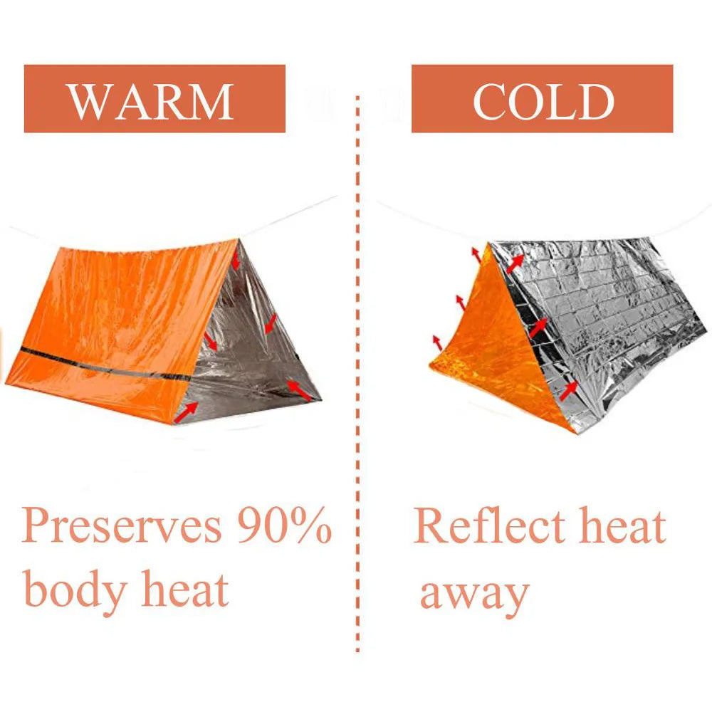 Pathfinder™ 2-Person Emergency Shelter Kit: Mylar Tent, Sleeping Bag, SOS Blanket – Waterproof & Reusable